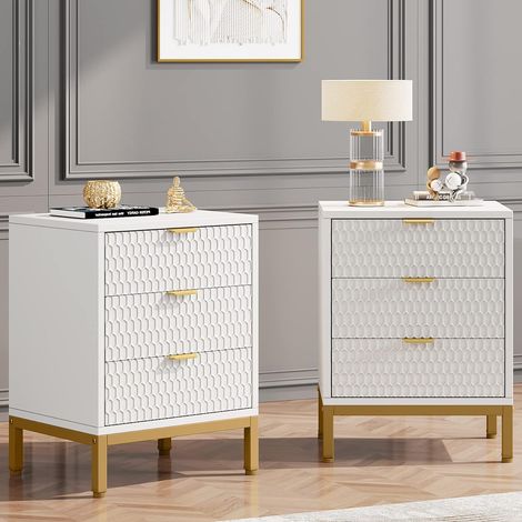 Tribesigns – Table de chevet moderne 65,5 cm – 3 tiroirs – Finition blanche et dorée – Rangement pour chambre et salon (1/5)
