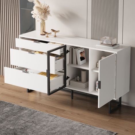 Meuble de rangement blanc type buffet vitrine, 160 L x36 B x 78 H,style moderne luxueux pour salle à manger, 3 tiroirs, portes vitrées, avec bandeau lumineux LED (1/5)