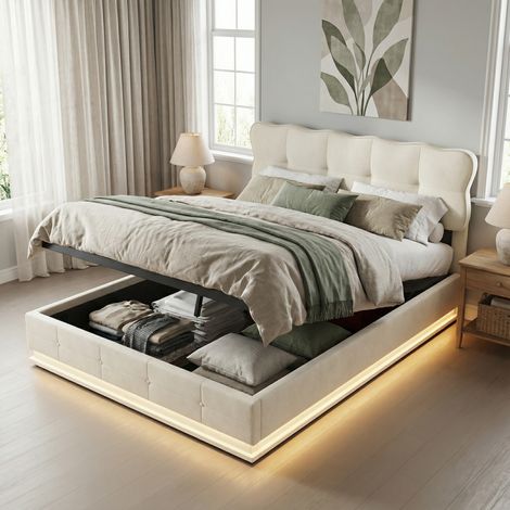 Letto contenitore 160x200 cm in velluto beige - letto matrimoniale imbottito con rete sollevabile e luci LED RGB - struttura letto con vano salvaspazio