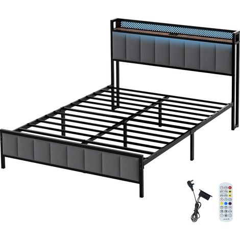 Levede Small Double Bed Frame Metal Platform LED Headboard Charging Station Grey (1/5)