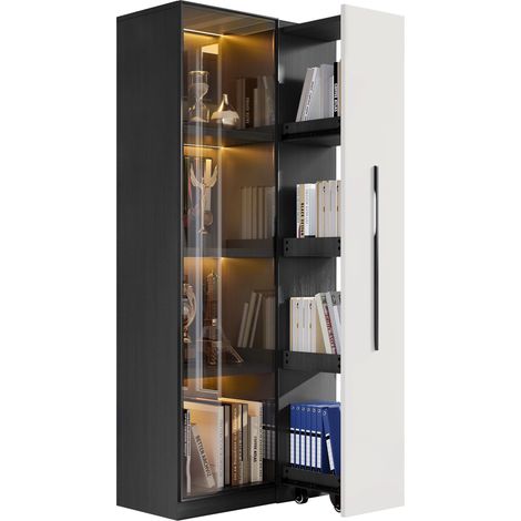 Vitrine Noir et blanc en MDF et verre, Avec Éclairage LED, Étagères Réglables et 1 Porte, 70 x 40 x 160cm - pour bureau, salon (1/5)