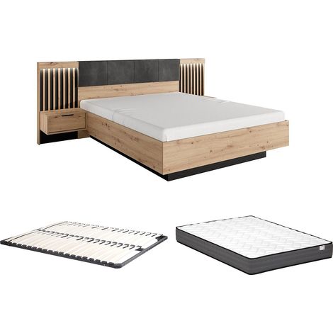 Lit avec chevets 160 x 200 cm - Avec LEDs - Coloris : Naturel et noir + Sommier + Matelas - ARIADA