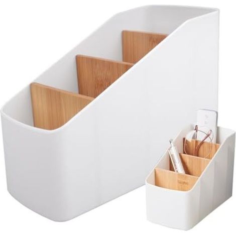 Remote control holder, desk storage box with 4 compartments, removable remote control trays, wooden storage box for remote controls, stationery, pens