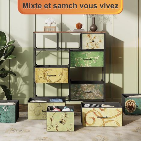 buffet,commode,9 tiroirs,Conception rétro,motif floral,Salon,salle à manger.100x30x100cm,Trépied rotatif à 360 degrés,Couleur bois --SUNFECILI (1/4)
