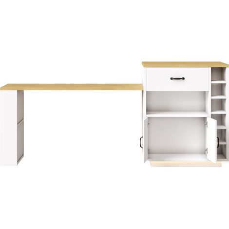 Îlot de cuisine avec table extensible, 2 tiroirs, 4 portes, MDF noir/blanc, rangement et bar (1/5)
