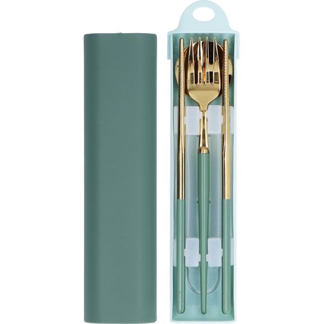 Ensemble de couverts en acier inoxydable portable pour étudiants avec boîte de rangement, or vert