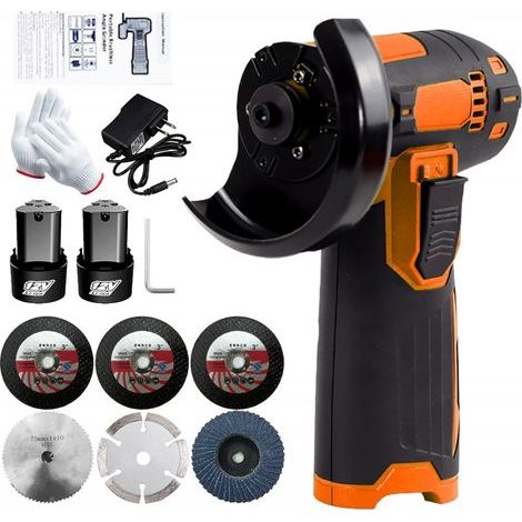 Weytoll Mini-Akku-Winkelschleifer, 12 V, 19.500 U/min, mit 6 Trennscheiben (76 mm Durchmesser) und 2 x 1300 mAh Akkus – Orange (1/5)