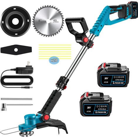 Magicfox – Coupe-bordure à batterie 36V – Moteur Brushless – 2 batteries 4.0Ah – 3 types de lames pour différentes surfaces – Tête pivotante