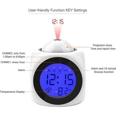 Projecteur d'horloge numérique au Plafond Rétro-éclairage à Piles Affichage LED Horloge de projecteur avec rétro-éclairage Alimenté par Piles Rotation du réveil (Blanc) (1/3)