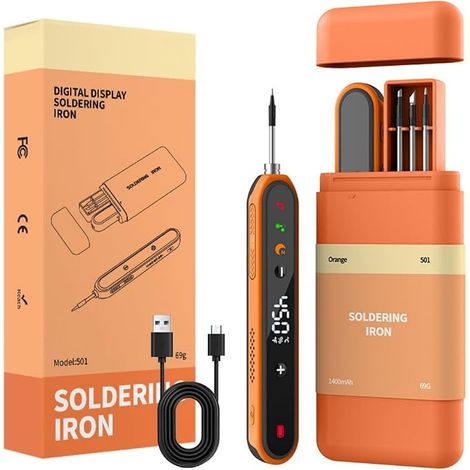 USB Cordless Soldering Iron Kit with 1400mAh Battery, Fast Heating 8 Seconds, Adjustable Temperature 356-842°F, 3 Soldering Tips, Portable Soldering Iron for Repair, DIY (Orange) (1/5)