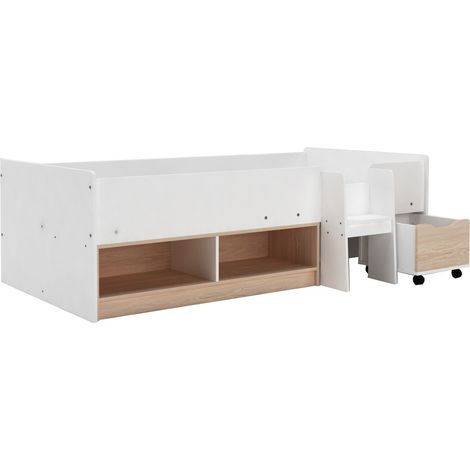 Cabin Bed with Cubes and Pullout Drawer - L197.4 x W98 x H60 cm - Assembly Required - White/Oak