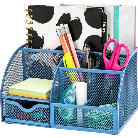 Boîte de rangement de bureau en métal à sept compartiments, avec porte-stylo et grille métallique, bleu ciel. (1/5)