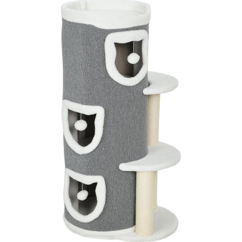 Rascador para gatos de 101 cm gris, 3 niveles, 3 cuevas, bolas y postes de sisal MODENUIT (1/5)