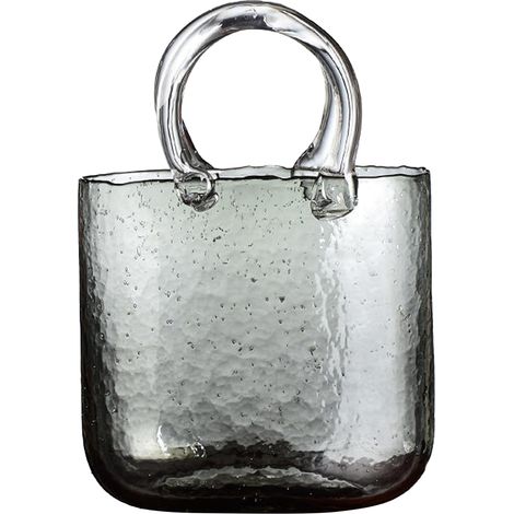 Jarrón con forma de bolso – Cristal gris transparente – 28,5 cm x 19,5 cm – Jarrón decorativo con forma de bolso y asa (1/5)