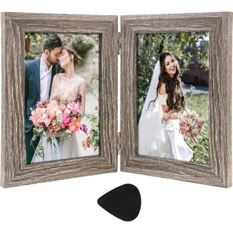 Cadre Photo Double 10x15cm, Cadres Photo Doubles Pliables, Cadre Photo Bois Double Multiple Pliable 2 Photos, Cadre en Bois Collage Pliable, pour Chambre à Coucher, Salon et Bureau (Gris) (1/5)