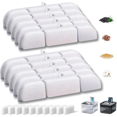 20er-Pack Blumenbrunnenfilter für Katzen, 10 Aktivkohlefilter und 10 Schaumstoffschwämme für 2,5 L batteriebetriebene Katzentrinkbrunnen des Modells DPWFP6 mit Harz und Aktivkohle