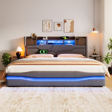 Lit rembourré 180x200 cm avec éclairage LED et rangement Lit Coffre hydraulique avec port de chargement USB-C Lin Gris (1/5)