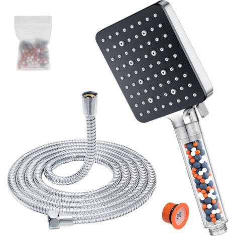 Pommeau de Douche avec Tuyau 1.6m, Pommeau Douche Economie eau avec 6 Modes, Pommeau de Douche Carré Filtrant, Douchette Douche Salle de Bain Haute Pression Anti Calcaire, Chromé (1/5)
