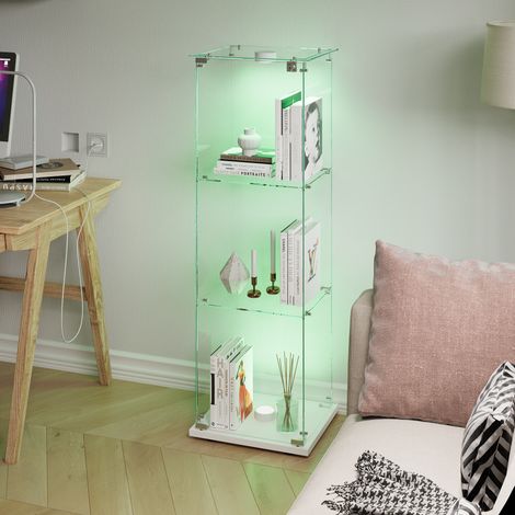 JOOKGBD–Vitrine en Verre avec LED,3 Étagères,1 Porte avec Serrure,Verre Trempé,Meuble de Collection pour Salon,Chambre,Bureau,Blanc