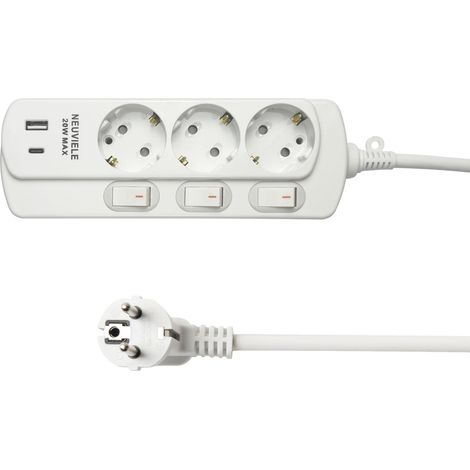 Multiprise blanche avec adaptateur USB C, 3 prises USB C, multiprise avec commande d'interrupteur, multiprise (1/5)