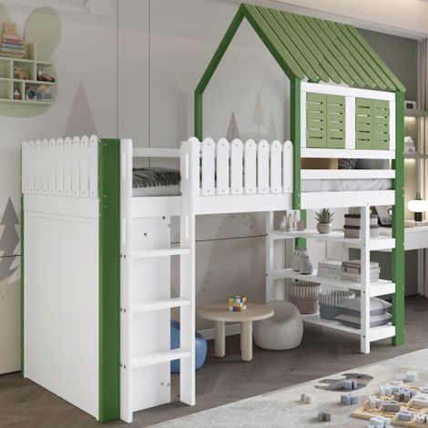 Lit mezzanine 90x200 cm, lit cabane avec barrière de sécurité et étagère de rangement, en bois, blanc et vert, sans matelas (1/5)