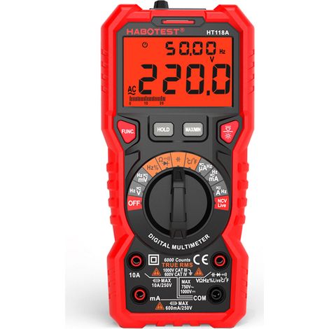 Multimètre Numérique HABOTEST HT118A à Portée Automatique 6000 Comptes True RMS Mesure Tension Courant AC/DC Résistance Capacité Fréquence Température Test NCV Diode Écran LCD Rétroéclairé Lampe Torch (1/3)