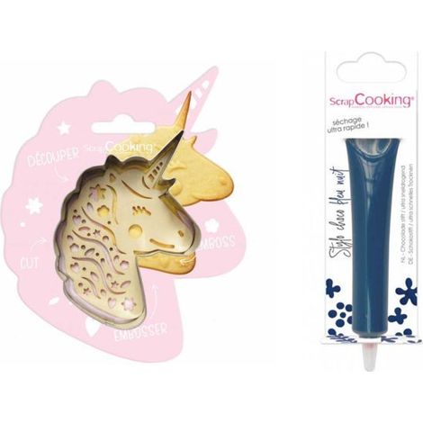 Kit pour biscuit en relief Licorne + Stylo au chocolat bleu nuit