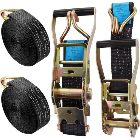 2 Jeux de 10M×50MM Sangle d'arrimage à Cliquet Noir, Sangle a Cliquet avec Crochet en Polyester, Sangles de Serrage avec Tendeur à Cliquet pour Remorque, Moto, Voiture (1/5)