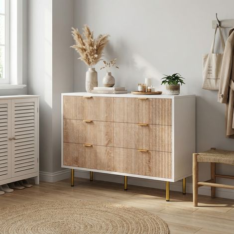 Kommode 6 Schubladen, 100cm, Schlafzimmerkommode, Rillenoptik Holz/Weiß, Goldfüße, Schrank für Schlafzimmer, Wohnzimmer, Flur, moderner Skandi-Stil(Eiche hell, 6 Schubladen) (1/5)