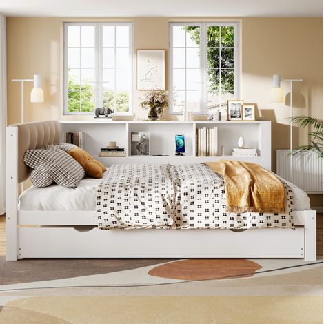 Lit gigogne 140x200 en pin blanc avec USB - HAVRYA (1/5)