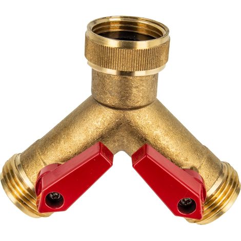 tecuro 2-Wege Y-Verteilerstück 1 Zoll (DN20), einzeln absperrbar durch Kugelventile, Messing blank