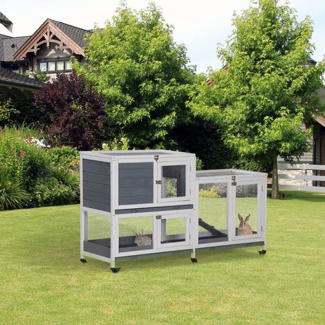 Cage Lapin Roues Niveaux Toit Ouvrable Enclos Métalliques Plateaux Amovibles Portes Loquet Rampe Animaux Compagnie Bois Gris 147x45,5x88,5cm