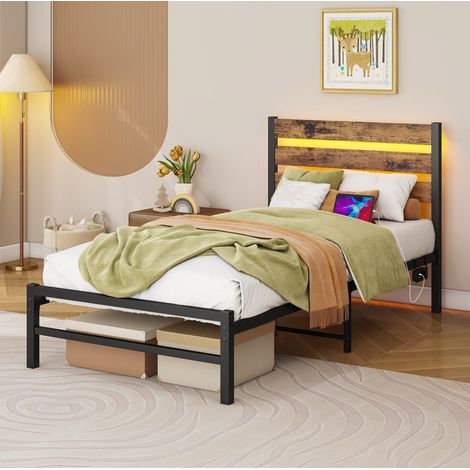 Lit adulte 120x200 cm en métal marron antique avec tête de lit LED et rangement sous le lit (1/5)