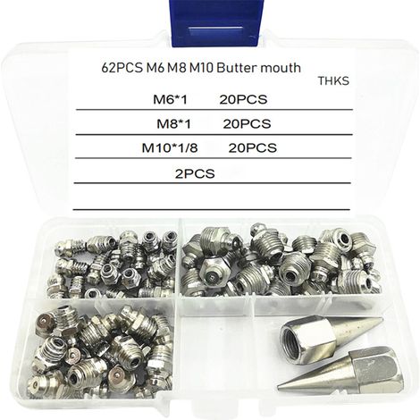 62Pcs M6/M8/M10 Grease Fitting Assortment Kit Grease Nipples Set with Plastic Box