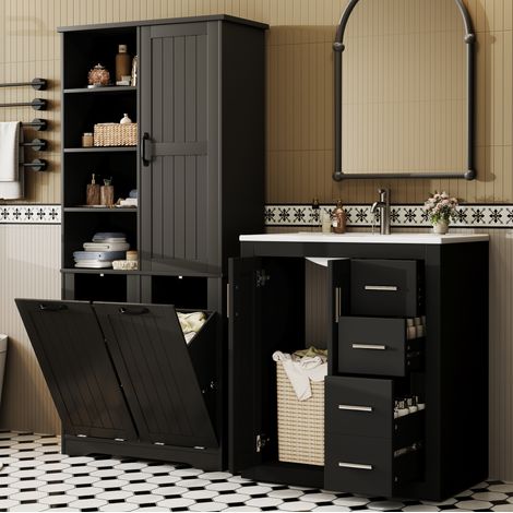 Mobile bagno con lavabo 76x46,5x85,5 cm + mobiletto contenitore 78x35x172 cm in MDF nero (1/5)