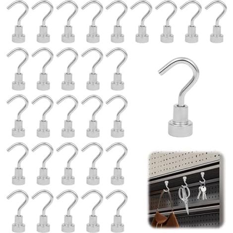 Giona Lot de 30 crochets magnétiques en néodyme très résistants avec revêtement argenté pour l'accrocher, réfrigérateur cuisine, garage, bureau, armoires, outils, clés (10 - (1/5)