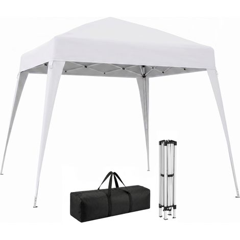 Tonnelle de jardin pliante 2,4x2,4 m, armature en acier robuste, cordes anti-vent, blanche, abri extérieur portable pour terrasse et patio, gazebo compact avec structure métallique (1/5)