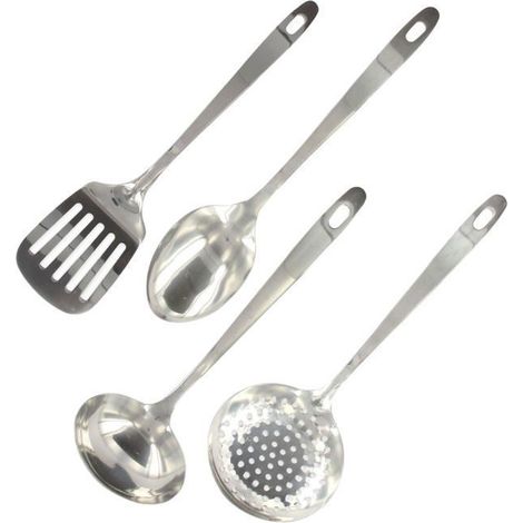 Set di quattro utensili da cucina in acciaio inossidabile del marchio Oxford: mestolo, colino, cucchiaio e schiumarola. (1/2)