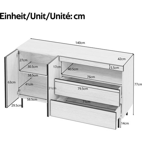 Meuble TV moderne minimaliste, armoire à 2 portes, 2 tiroirs, étagères ouvertes, rangement polyvalent pour séjour et salle à manger (1/5)