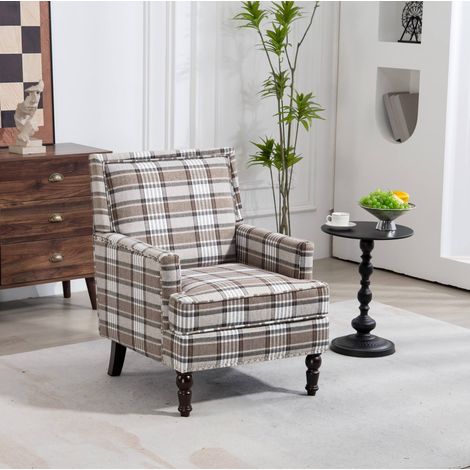 Sillón de acento marrón y blanco en algodón y lino con acolchado de espuma y estructura de madera (1/3)