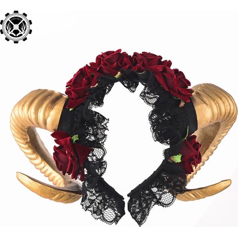 Gothic-Stirnband mit roter Rose, Haarschmuck aus Spitze in Form eines Vampir-Dämons mit goldenem Schafshorn, Halloween-Stirnband-Accessoire (1/5)