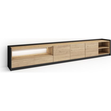 Skraut Home - Mueble TV, Televisión, Muebles de salón, almacenaje, 310x37x50cm, Para TV hasta 80", LED, Estilo Moderno, Roble y negro (1/5)