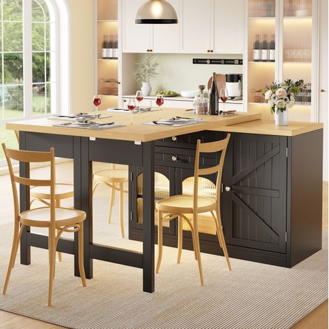 MEUBLIV Table îlot de cuisine extensible 120-194 cm noire – rangement intégré (1/5)