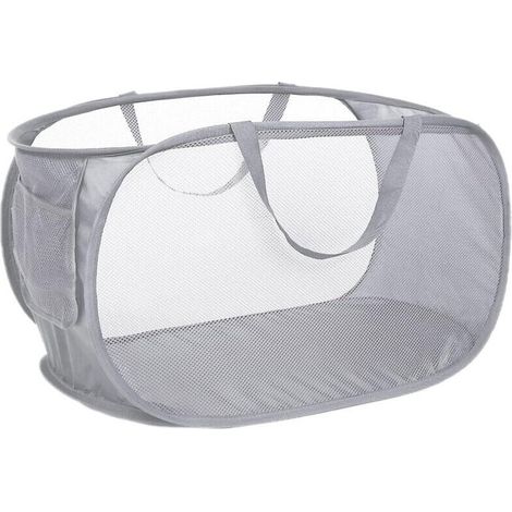 Panier à linge pliable en maille résistante, avec poches latérales et poignées renforcées, idéal pour la lessive, la salle de bain, la chambre d'enfant, le dortoir ou les voyages. Gris. (1/4)