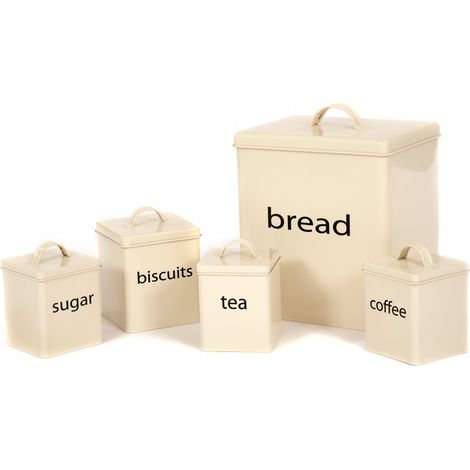Oypla 5 Piece Cream Kitchen Canister Storage Tin Set Bread Biscuits Tea Sugar Coffee (1/5)
