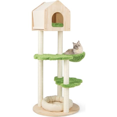 Arbre à chat 60 x 60 x 139 cm espace multi-niveaux avec hamac confortable style moderne en bois vert
