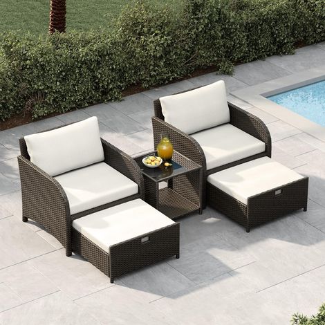 Ensemble jardin 5 pièces rotin PE chaises repose-pieds table verre trempé coussins rembourrés solides patio balcon beige (1/5)