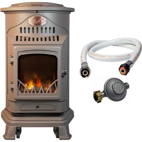 Universal – Poêle à gaz 3,4 kW marron – Fonte véritable – Tuyau et détendeur inclus – Chauffe 40-80 m² – Allumage piézo électrique (1/5)