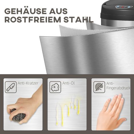 Poubelle intelligente 50 L avec capteur et fermeture amortie, corbeille sans contact en acier inoxydable argenté pour cuisine et bureau hygiénique (1/5)