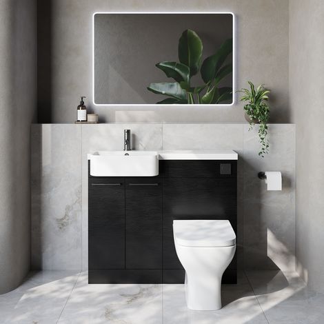 Napoli 250 Nero Oak 1000mm 2 Door Vanity Unit Toilet Suite with Left Hand Round Rico Semi Recessed Basin - 1000mm - Gunmetal Grey 160mm HandleWith Kingston Toilet Pan and Seat